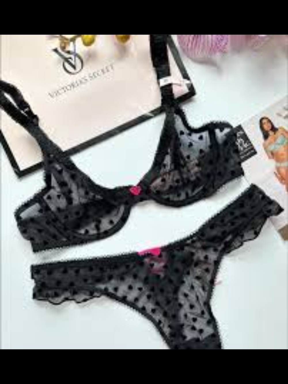 Victoria's Secret Black Sheer Polka Dot Lace Bra & Thong Set with Pink Accent